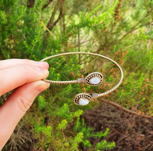 Golden Arm Bracelet Brass & Moonstone / Tribal / Spiral / Boho / Bangle/ Ethnic / Rustic / Bohemian / Hippie / Gypsy / Psy / Adjustable
