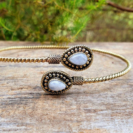 Golden Arm Bracelet Brass & Moonstone / Tribal / Spiral / Boho / Bangle/ Ethnic / Rustic / Bohemian / Hippie / Gypsy / Psy / Adjustable