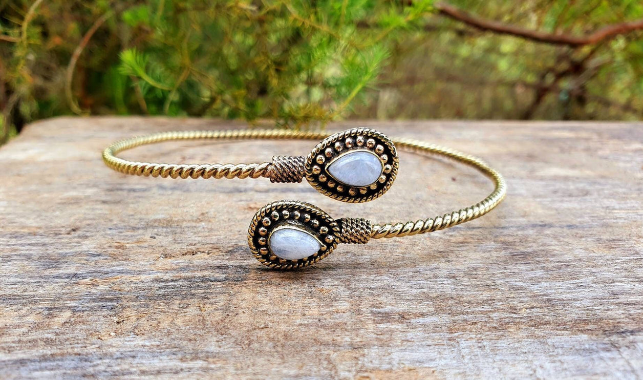 Golden Arm Bracelet Brass & Moonstone / Tribal / Spiral / Boho / Bangle/ Ethnic / Rustic / Bohemian / Hippie / Gypsy / Psy / Adjustable