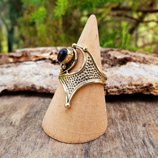 Bohemian Amethyst Ring, Boho Brass Ring with Purple Amethyst