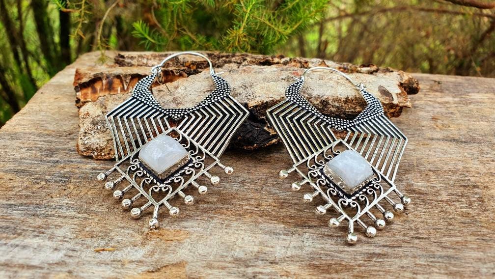 Ethnic Geometric Moonstone Silver Earrings / Tribal / Rustic / Yoga / Hippie / Gypsy / Psy / Boho / Bohemian / Festival