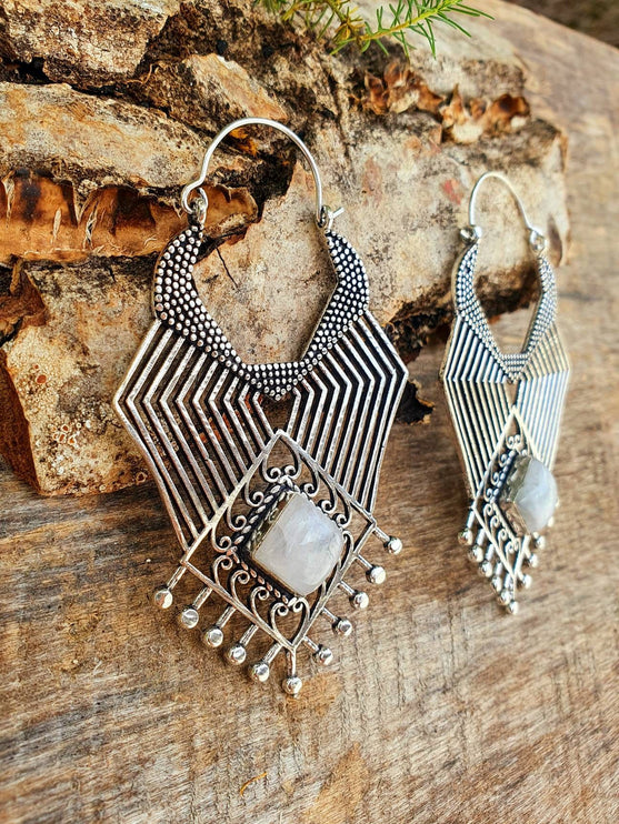 Ethnic Geometric Moonstone Silver Earrings / Tribal / Rustic / Yoga / Hippie / Gypsy / Psy / Boho / Bohemian / Festival