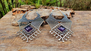 Extra Large Silver Ethnic Earrings Amethyst / Tribal / Rustic / Yoga / Hippie / Gypsy / Psy / Boho / Bohemian / Festival