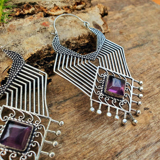 Extra Large Silver Ethnic Earrings Amethyst / Tribal / Rustic / Yoga / Hippie / Gypsy / Psy / Boho / Bohemian / Festival