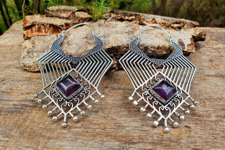 Extra Large Silver Ethnic Earrings Amethyst / Tribal / Rustic / Yoga / Hippie / Gypsy / Psy / Boho / Bohemian / Festival