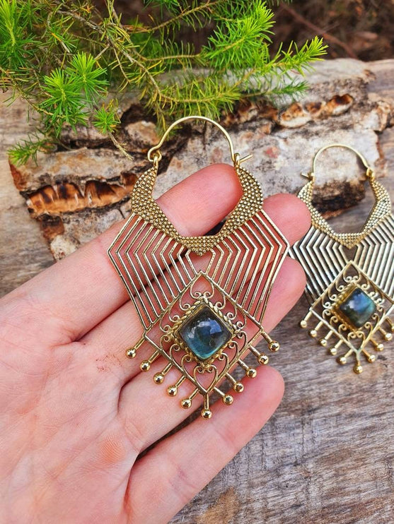 Ethnic Inca Labradorite Golden Earrings / Tribal / Rustic / Yoga / Hippie / Gypsy / Psy / Boho / Bohemian / Festival