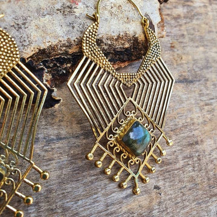 Ethnic Inca Labradorite Golden Earrings / Tribal / Rustic / Yoga / Hippie / Gypsy / Psy / Boho / Bohemian / Festival