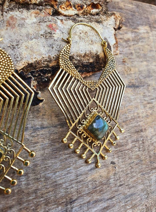 Ethnic Inca Labradorite Golden Earrings / Tribal / Rustic / Yoga / Hippie / Gypsy / Psy / Boho / Bohemian / Festival