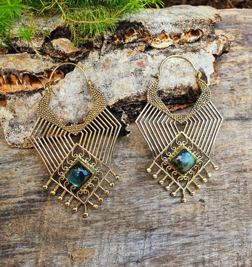 Ethnic Inca Labradorite Golden Earrings / Tribal / Rustic / Yoga / Hippie / Gypsy / Psy / Boho / Bohemian / Festival