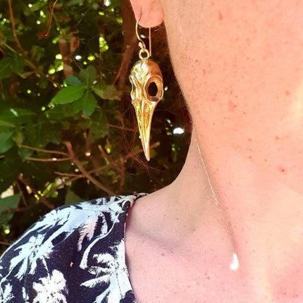 Large Gold Raven Skull Earrings / Bird Skull / Ear Weights / Viking / Nordic / Gothic / Taxidermy / Witchcraft / Animal Earrings