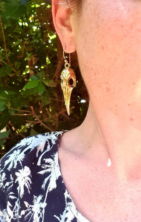 Large Gold Raven Skull Earrings / Bird Skull / Ear Weights / Viking / Nordic / Gothic / Taxidermy / Witchcraft / Animal Earrings