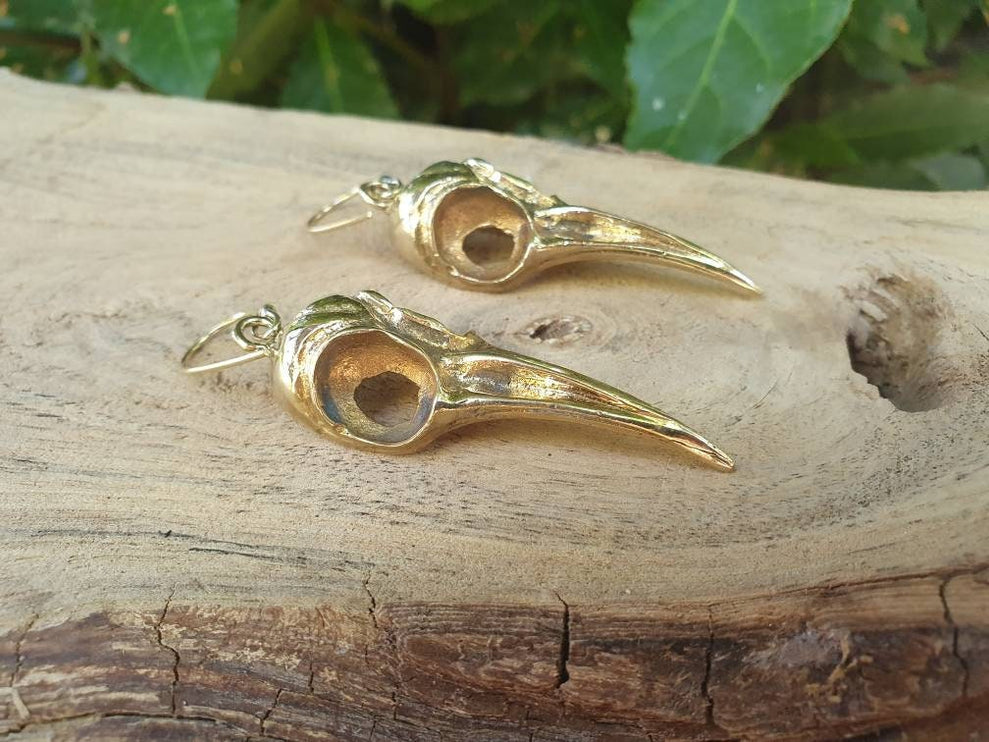 Large Gold Raven Skull Earrings / Bird Skull / Ear Weights / Viking / Nordic / Gothic / Taxidermy / Witchcraft / Animal Earrings