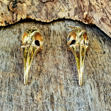 Large Gold Raven Skull Earrings / Bird Skull / Ear Weights / Viking / Nordic / Gothic / Taxidermy / Witchcraft / Animal Earrings