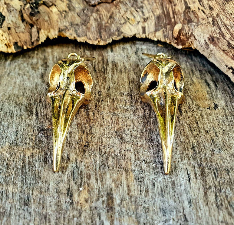 Large Gold Raven Skull Earrings / Bird Skull / Ear Weights / Viking / Nordic / Gothic / Taxidermy / Witchcraft / Animal Earrings