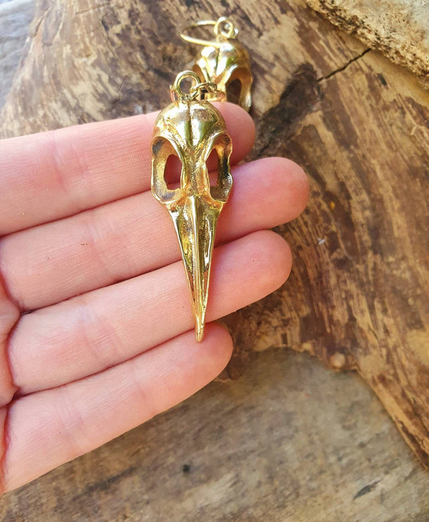 Large Gold Raven Skull Earrings / Bird Skull / Ear Weights / Viking / Nordic / Gothic / Taxidermy / Witchcraft / Animal Earrings