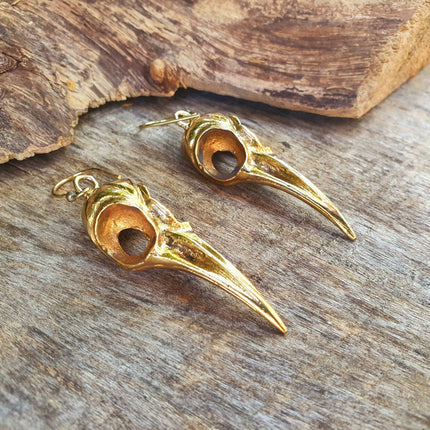 Large Gold Raven Skull Earrings / Bird Skull / Ear Weights / Viking / Nordic / Gothic / Taxidermy / Witchcraft / Animal Earrings