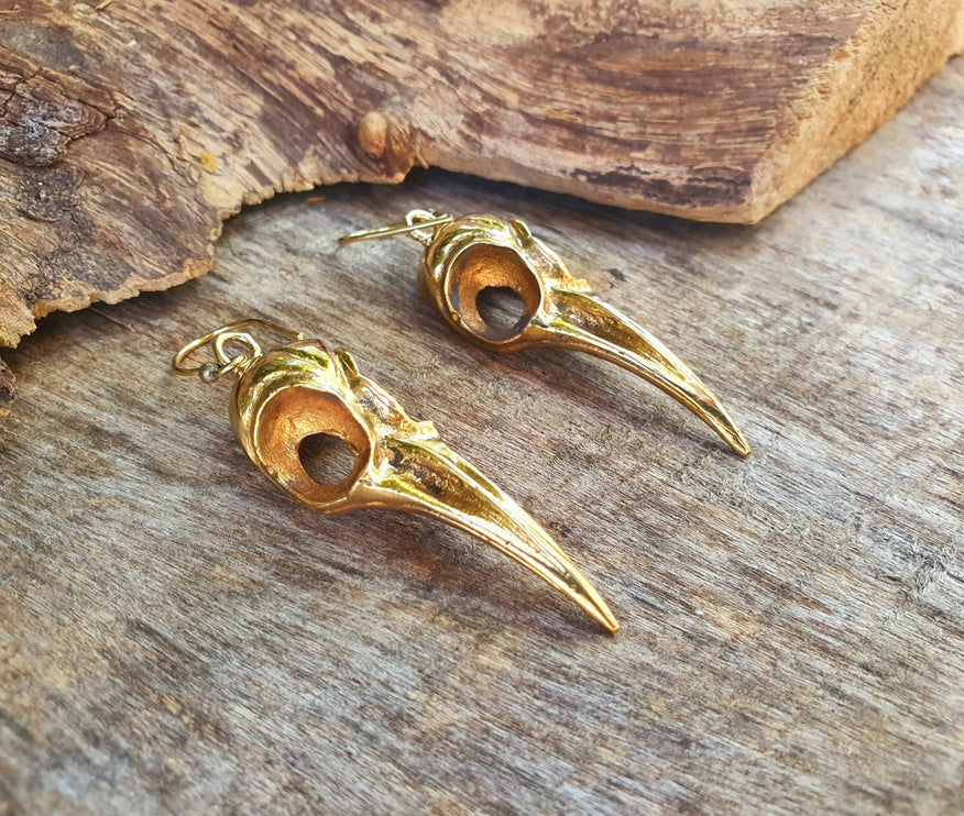 Large Gold Raven Skull Earrings / Bird Skull / Ear Weights / Viking / Nordic / Gothic / Taxidermy / Witchcraft / Animal Earrings