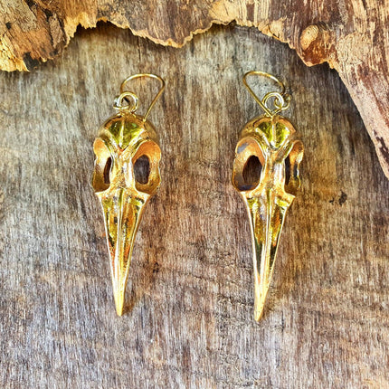 Large Gold Raven Skull Earrings / Bird Skull / Ear Weights / Viking / Nordic / Gothic / Taxidermy / Witchcraft / Animal Earrings