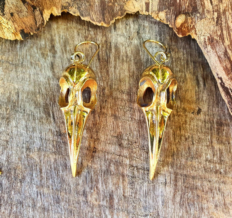 Large Gold Raven Skull Earrings / Bird Skull / Ear Weights / Viking / Nordic / Gothic / Taxidermy / Witchcraft / Animal Earrings