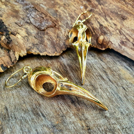 Large Gold Raven Skull Earrings / Bird Skull / Ear Weights / Viking / Nordic / Gothic / Taxidermy / Witchcraft / Animal Earrings