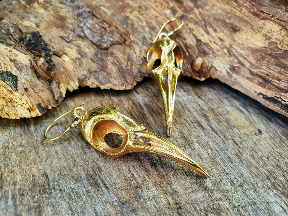 Large Gold Raven Skull Earrings / Bird Skull / Ear Weights / Viking / Nordic / Gothic / Taxidermy / Witchcraft / Animal Earrings