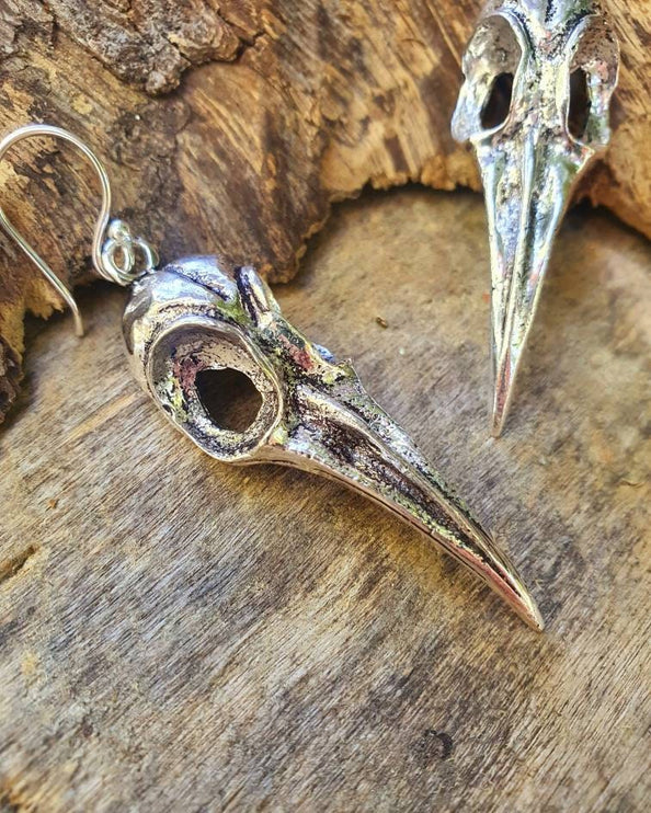 Large Silver Raven Skull Earrings / Bird Skull / Ear Weights / Viking / Nordic / Gothic / Taxidermy / Witchcraft / Animal Earrings