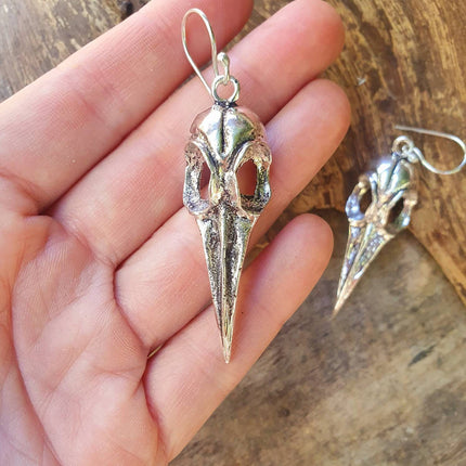 Large Silver Raven Skull Earrings / Bird Skull / Ear Weights / Viking / Nordic / Gothic / Taxidermy / Witchcraft / Animal Earrings