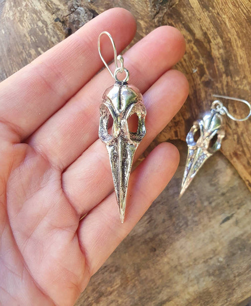 Large Silver Raven Skull Earrings / Bird Skull / Ear Weights / Viking / Nordic / Gothic / Taxidermy / Witchcraft / Animal Earrings