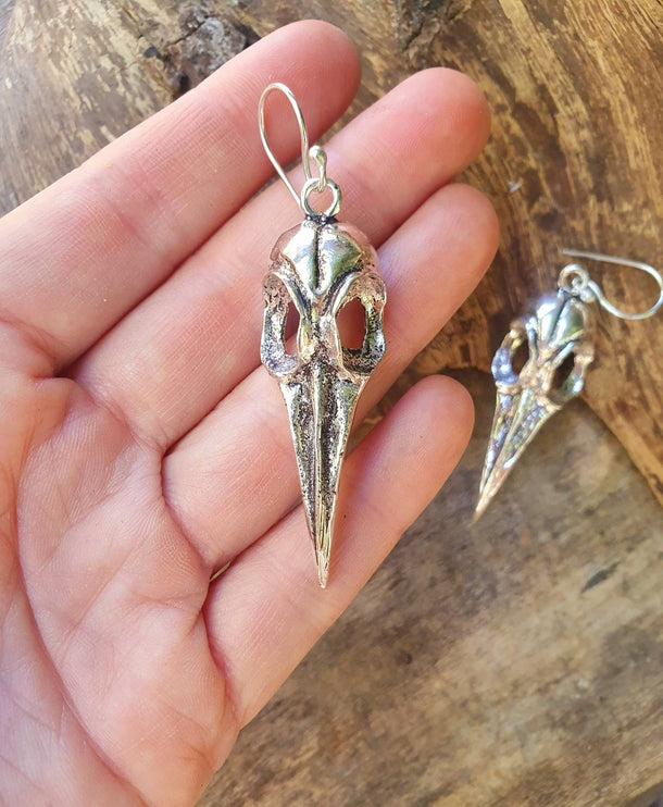 Large Silver Raven Skull Earrings / Bird Skull / Ear Weights / Viking / Nordic / Gothic / Taxidermy / Witchcraft / Animal Earrings