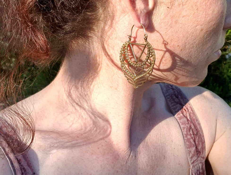 Gypsy Brass Hoop Earrings; Ethnic, Geometric, Rustic, Yoga, Hippie, Gypsy, Pretty, Psy, Boho, Bohemian, Festival