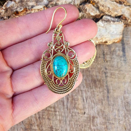 Large Turquoise Brass Drop Dangle earrings / Birth Stone / Ethnic / rustic, yoga, hippie, gypsy, pretty, psy, boho, bohemian, festival