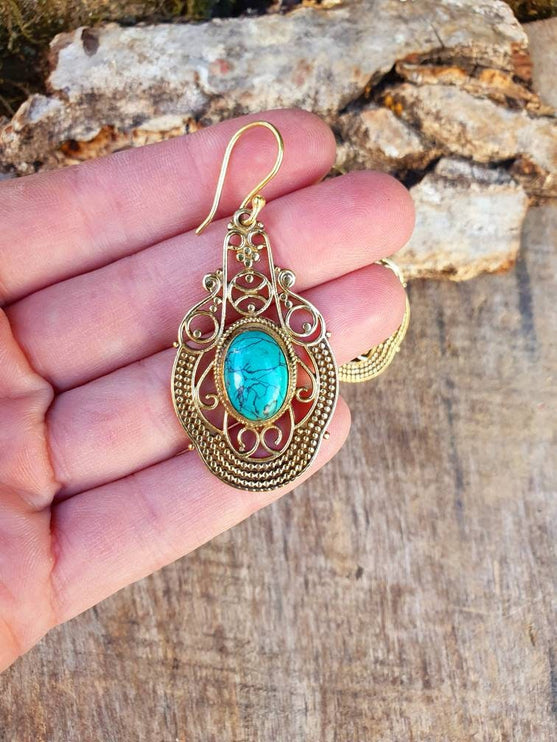 Large Turquoise Brass Drop Dangle earrings / Birth Stone / Ethnic / rustic, yoga, hippie, gypsy, pretty, psy, boho, bohemian, festival