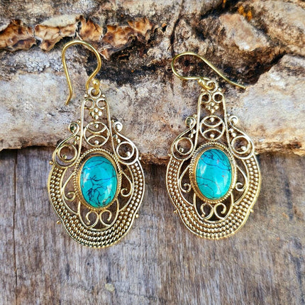 Large Turquoise Brass Drop Dangle earrings / Birth Stone / Ethnic / rustic, yoga, hippie, gypsy, pretty, psy, boho, bohemian, festival