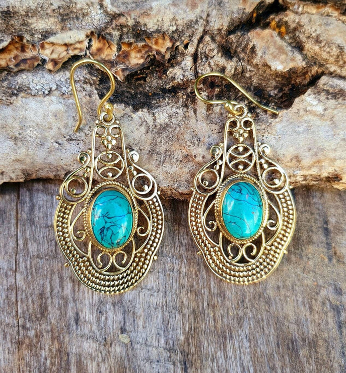 Large Turquoise Brass Drop Dangle earrings / Birth Stone / Ethnic / rustic, yoga, hippie, gypsy, pretty, psy, boho, bohemian, festival