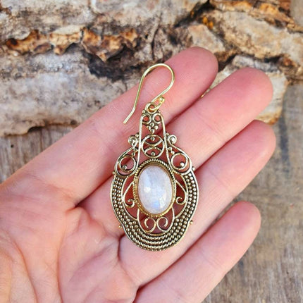 Large Moonstone Brass Drop Dangle earrings / Birth Stone / Ethnic / rustic, yoga, hippie, gypsy, pretty, psy, boho, bohemian, festival