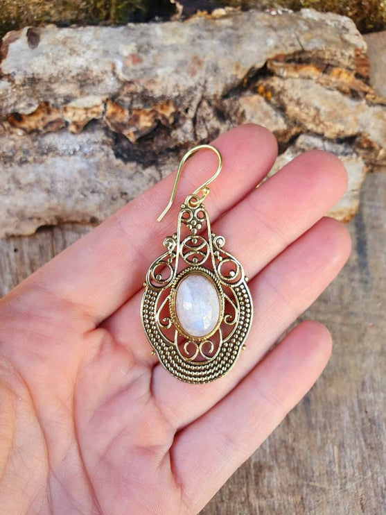 Large Moonstone Brass Drop Dangle earrings / Birth Stone / Ethnic / rustic, yoga, hippie, gypsy, pretty, psy, boho, bohemian, festival