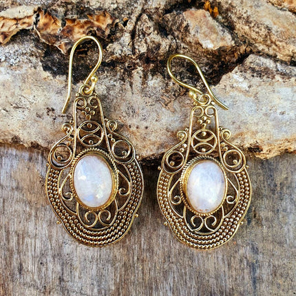 Large Moonstone Brass Drop Dangle earrings / Birth Stone / Ethnic / rustic, yoga, hippie, gypsy, pretty, psy, boho, bohemian, festival