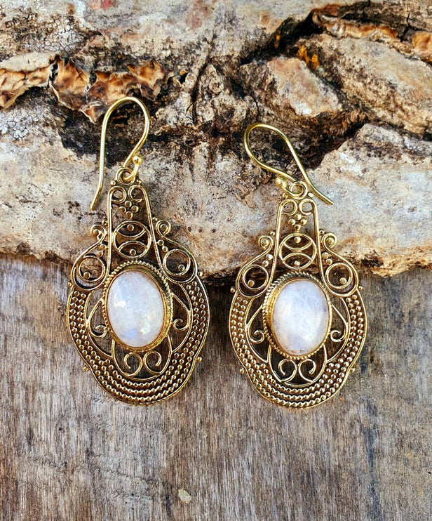 Large Moonstone Brass Drop Dangle earrings / Birth Stone / Ethnic / rustic, yoga, hippie, gypsy, pretty, psy, boho, bohemian, festival