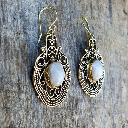 Large Moonstone Brass Drop Dangle earrings / Birth Stone / Ethnic / rustic, yoga, hippie, gypsy, pretty, psy, boho, bohemian, festival