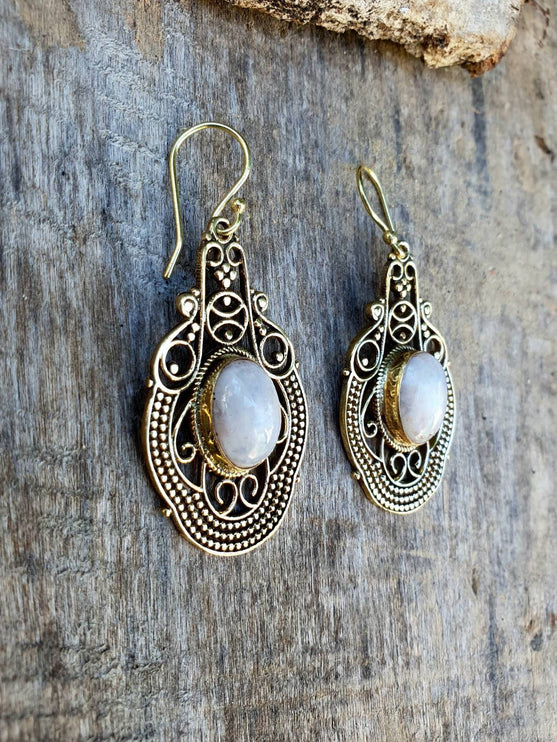 Large Moonstone Brass Drop Dangle earrings / Birth Stone / Ethnic / rustic, yoga, hippie, gypsy, pretty, psy, boho, bohemian, festival