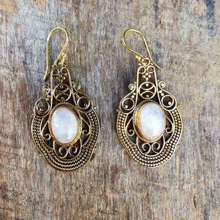 Large Moonstone Brass Drop Dangle earrings / Birth Stone / Ethnic / rustic, yoga, hippie, gypsy, pretty, psy, boho, bohemian, festival