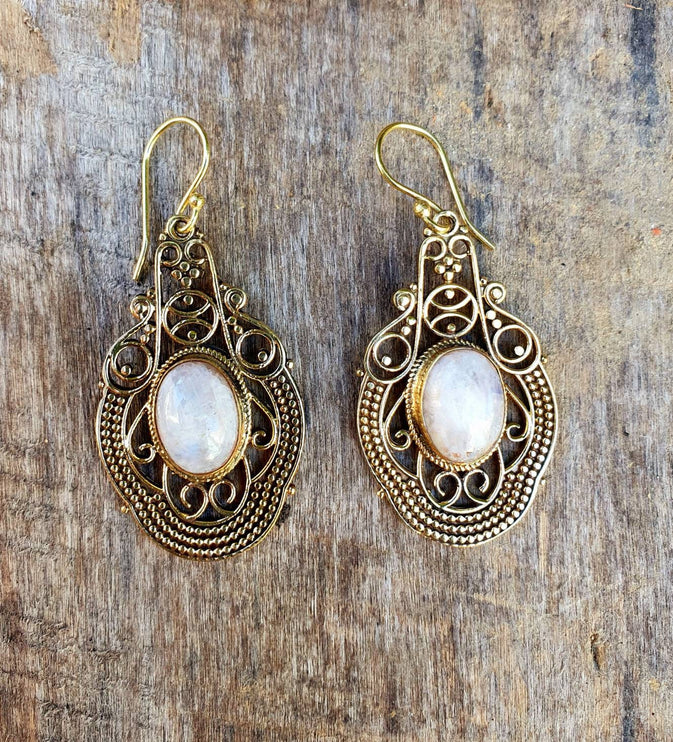 Large Moonstone Brass Drop Dangle earrings / Birth Stone / Ethnic / rustic, yoga, hippie, gypsy, pretty, psy, boho, bohemian, festival