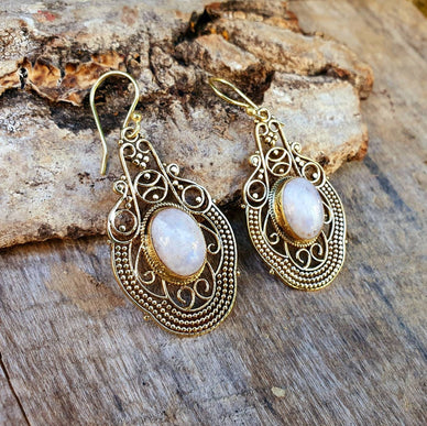 Large Moonstone Brass Drop Dangle earrings / Birth Stone / Ethnic / rustic, yoga, hippie, gypsy, pretty, psy, boho, bohemian, festival