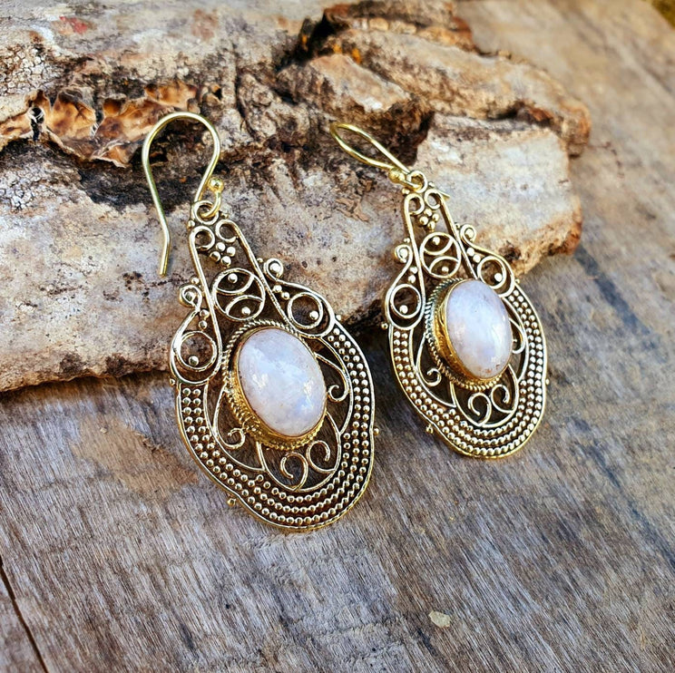 Large Moonstone Brass Drop Dangle earrings / Birth Stone / Ethnic / rustic, yoga, hippie, gypsy, pretty, psy, boho, bohemian, festival