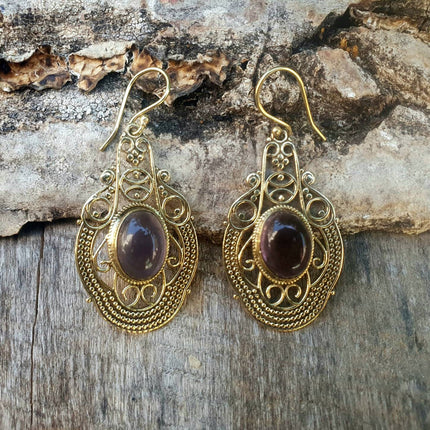 Large Amethyst Golden Drop Dangle earrings / Birth Stone / Ethnic / rustic, yoga, hippie, gypsy, pretty, psy, boho, bohemian, festival