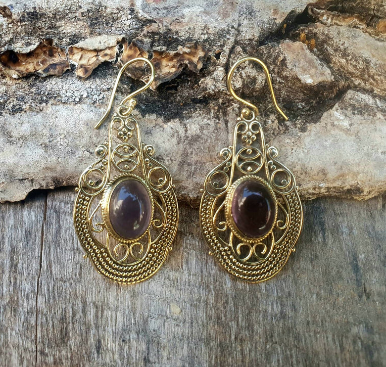 Large Amethyst Golden Drop Dangle earrings / Birth Stone / Ethnic / rustic, yoga, hippie, gypsy, pretty, psy, boho, bohemian, festival