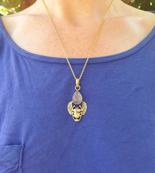 Golden Scarab Necklace / Rose Quartz / Talisman / Third Eye / Hypoallergenic / Brass / Boho / Inca / Ethnic / Illuminati