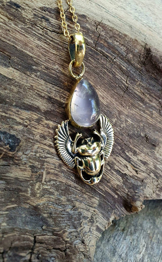Golden Scarab Necklace / Rose Quartz / Talisman / Third Eye / Hypoallergenic / Brass / Boho / Inca / Ethnic / Illuminati