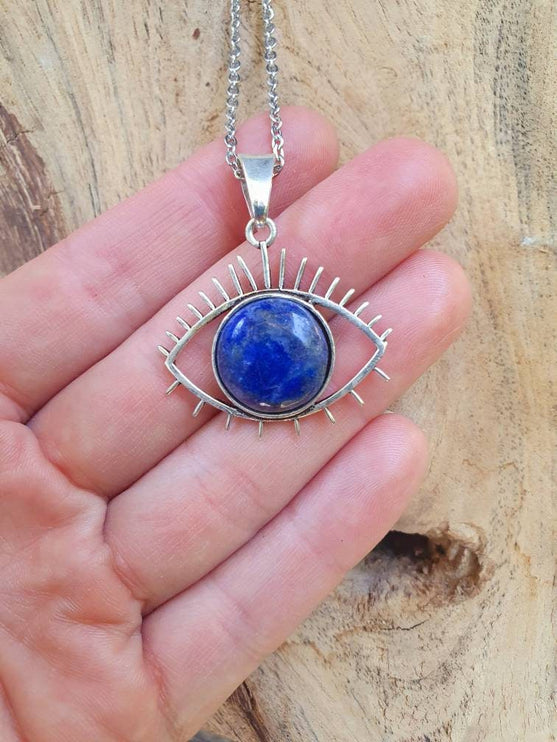 Silver Eye of Protection Necklace / Lapis Lazuli / Third Eye / Hypoallergenic / Brass / Boho / Inca / Ethnic / Hypoallergenic / Illuminati