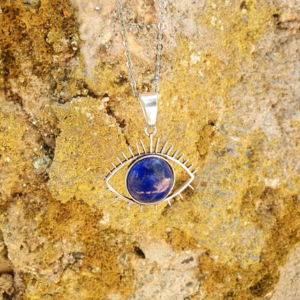 Silver Eye of Protection Necklace / Lapis Lazuli / Third Eye / Hypoallergenic / Brass / Boho / Inca / Ethnic / Hypoallergenic / Illuminati